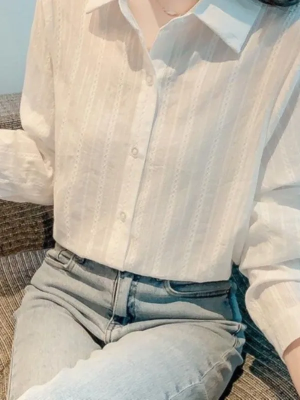 White Loose Women's Shirt Fashionable Versatile Spring Season Breathable Long Sleeve French Style Pure Color Button up Top