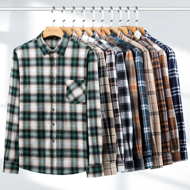 New Arrival Autumn and Winter Pure Cotton Brushed Casual Plaid Shirts, Square Collar Cardigans, Men's Suepr Plus Size S-14XL