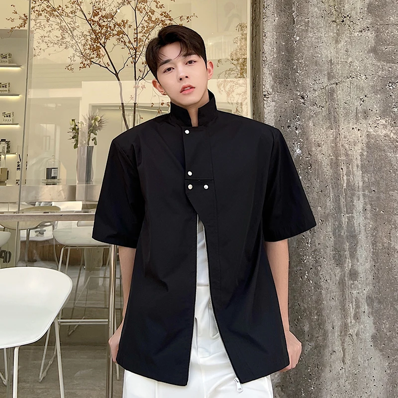 Men Handsome Stand Collar Camisa Zipper Design Top Summer Half Sleeve Blouse Ins Party Luxury Banquet Dating Dinner Palace Shirt