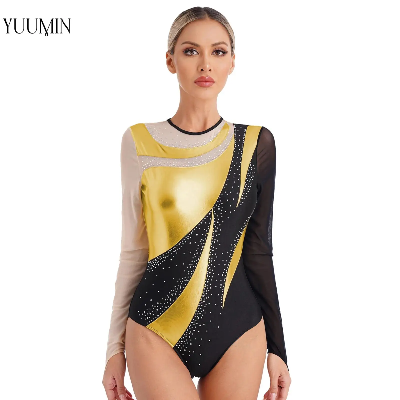 

Long Sleeve Rhythmic Gymnastics Leotard Stage Clothes for Woman Metallic Patchwork Exercise Figure Skating Latin Dance Dresses