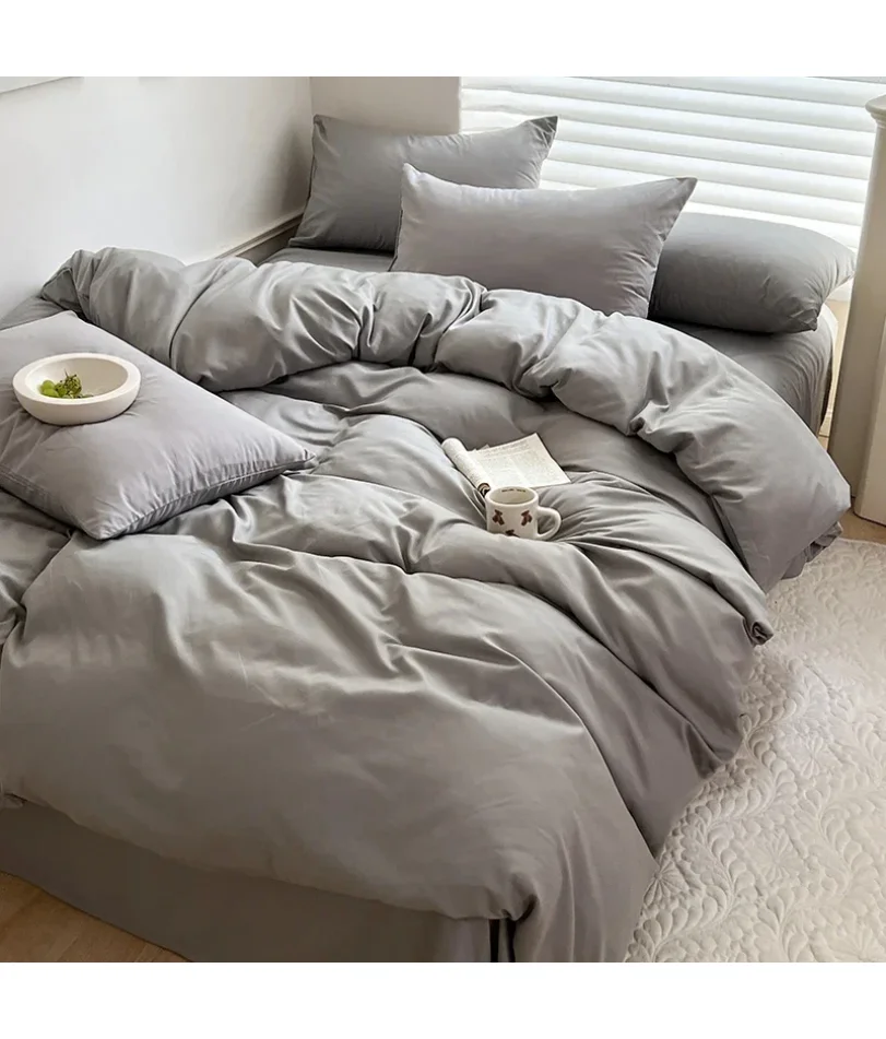 Solid Bed Linen Cotton Bedding Set with Sheet Duvet Cover Pillowcase Single Couple Bedsheet King Queen Double Twin Size