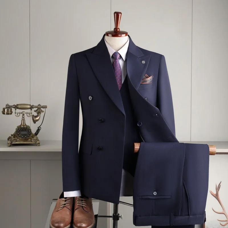 

Men Suit Outfit Double-breasted Long Sleeve Blazer Male V-neck Vest Solid Color Pant Man British Style Slim Business 3-piece Set