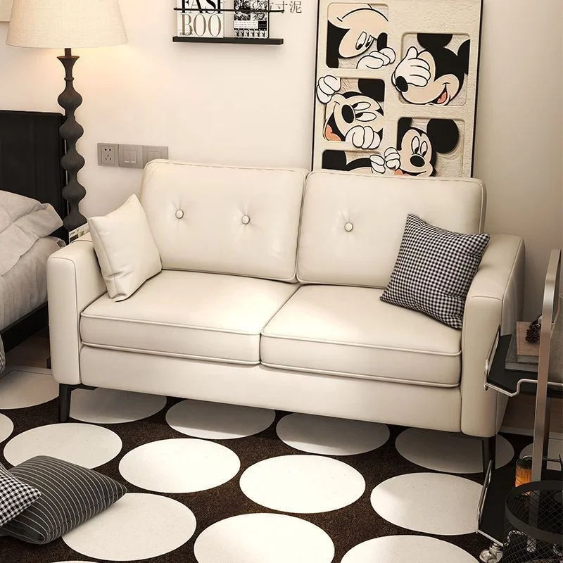 

#Cream White PU Leather 2 Seater Sofa TuftedBackrest Rounded Arms Black Legs Modern Minimalist Small Space Living Room Furniture