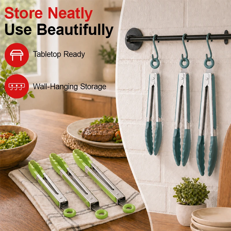 7/9/12 Inch Food Grade Silicone Kitchen Tongs 3 Size  Kitchen Tongs Stainless Steel Heat Resistant BBQ Grilling Food Clip