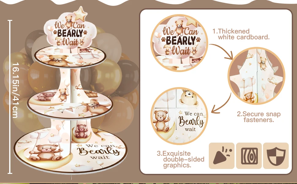 3-stöckiger Cupcake-Ständer mit Bärenmotiv 'We Can Bearly Wait' Babyparty-Dekoration Cupcake-Halter für Gender-Reveal-Party-Zubehör – Detail 3