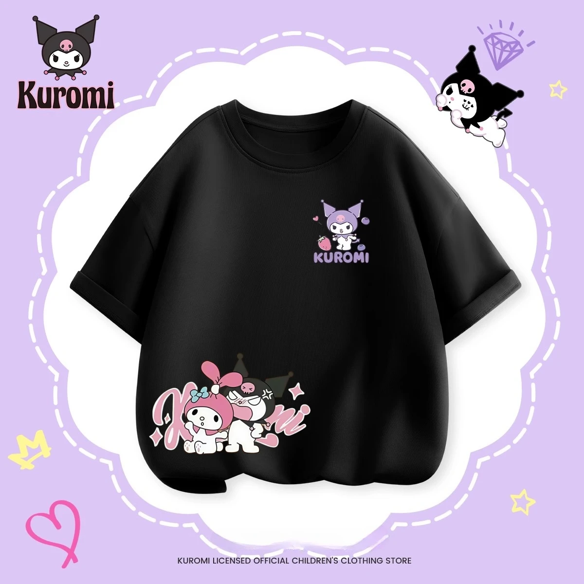 

SANRIO Teen Children Sweet T-shirt Cartoon KUROMI Print Top Kids Clothes Summer Fashion T-shirt Baby Girls Cute Short Sleeve