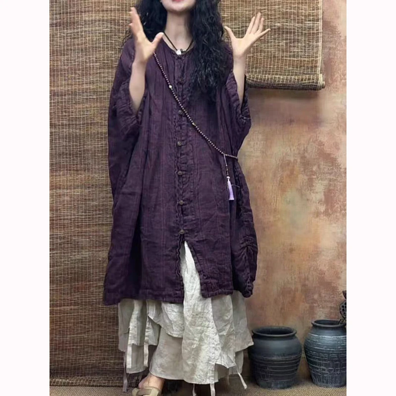 Primavera verão artes estilo feminino batwing manga camisa de comprimento médio único breasted vintage listrado algodão linho blusa boa qualidade