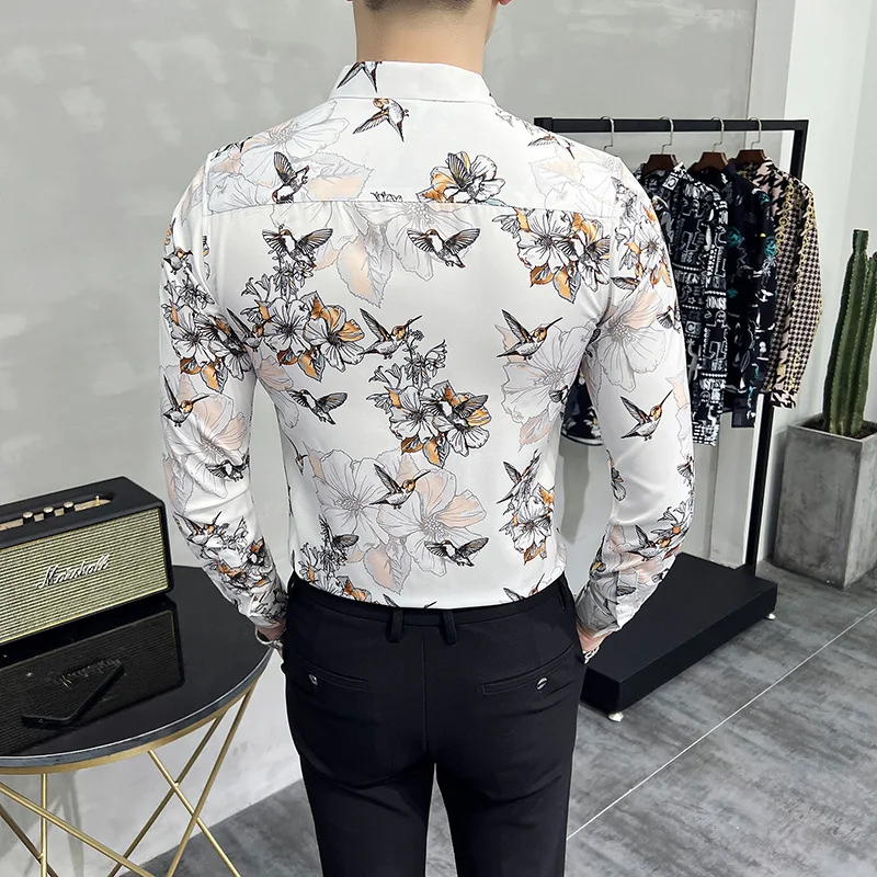 2022 Floral Print Shirts Men Long Sleeve Slim Casual Shirt High Quality Business Formal Dress Shirts Social Party Tuxedo Blouse