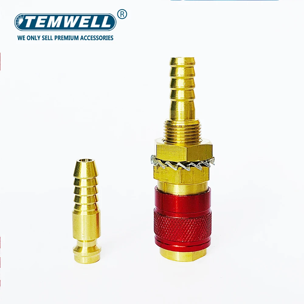 3-Pack Brass Water/Gas Quick Connectors – M8 Hose Barb, No-Leak Pressure Fittings – For MIG/TIG Welder Torches, Red/Blue/Brass Finish