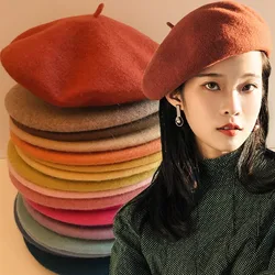 Warm Winter Beanie Hats Women Retro Wool Berets French Artist Style Plain Beret Solid Color Elegant Lady All Matched Autumn Caps