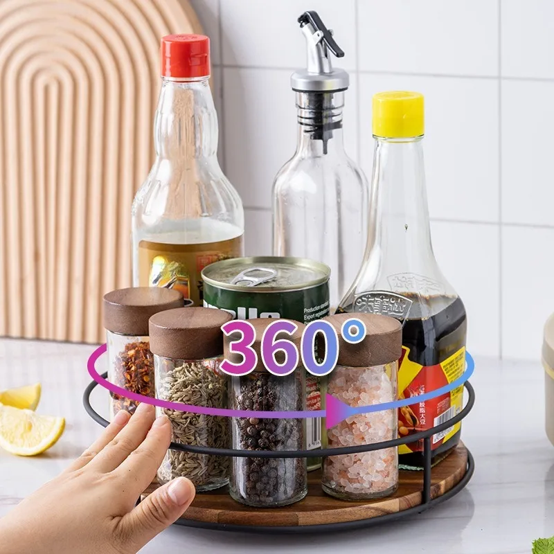 Kitchen Solid Wood Susan Storage Rack Steel Round Organizer Desktop Spice Bottle Jar Turntable Rotating Makeup Tray