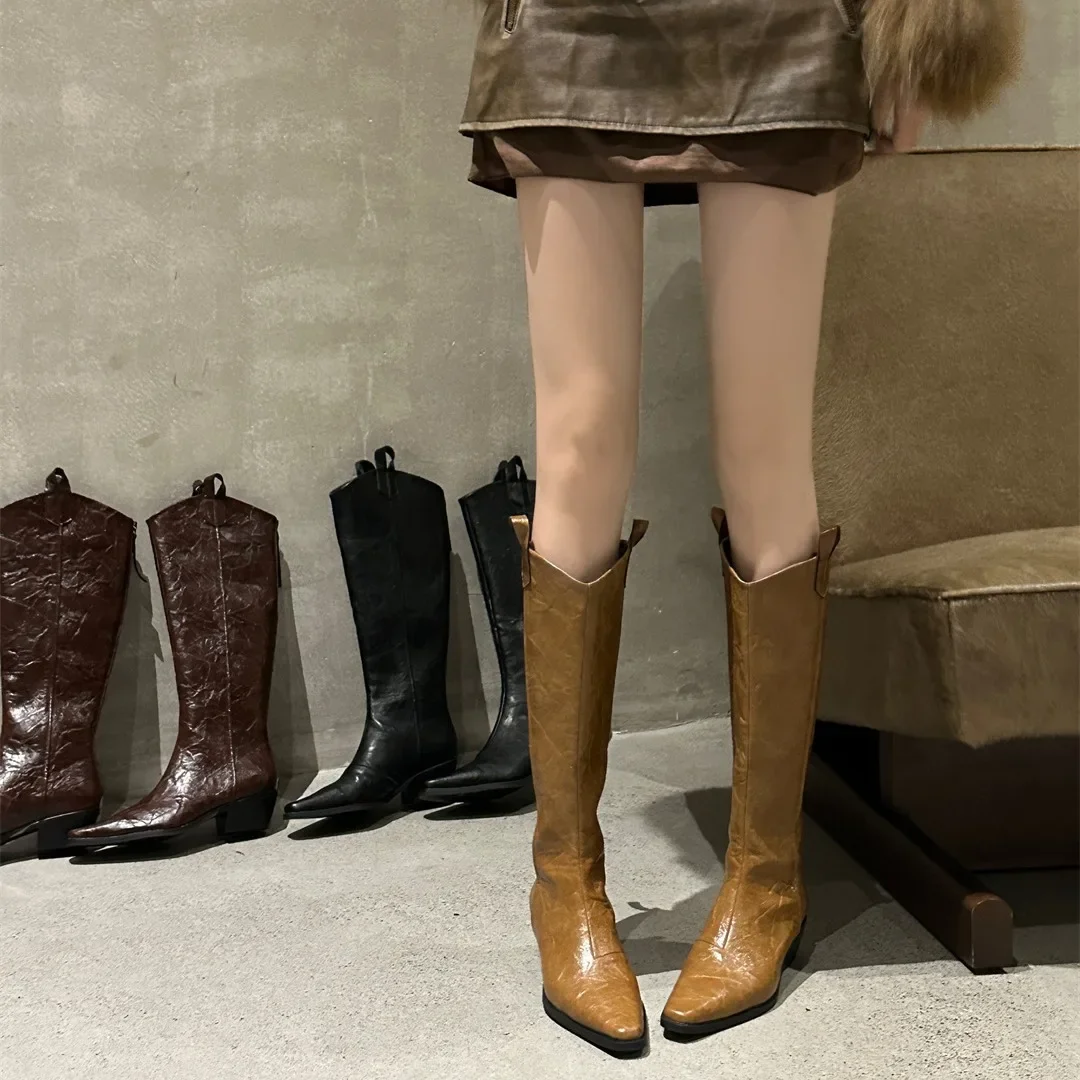 

PU Leather Long Boots Women Fashion V-port Pointed Toe Knee High Boots Ladies Sexy Chunky High Heel Shoes