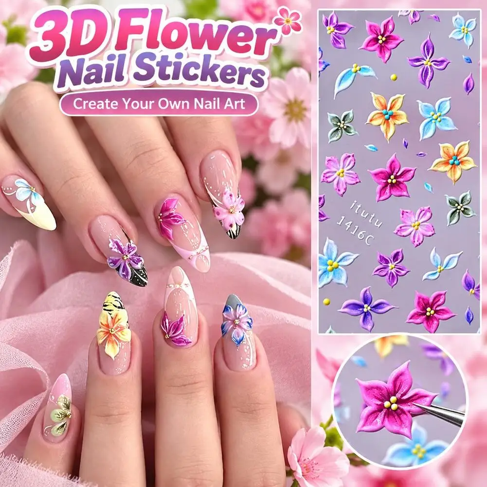 5D Nail Carving Stickers Relief Three-Dimensional Carved Nail Art Sticker Cute Soft Lily Flower Nail Decals Easy Nail DIY