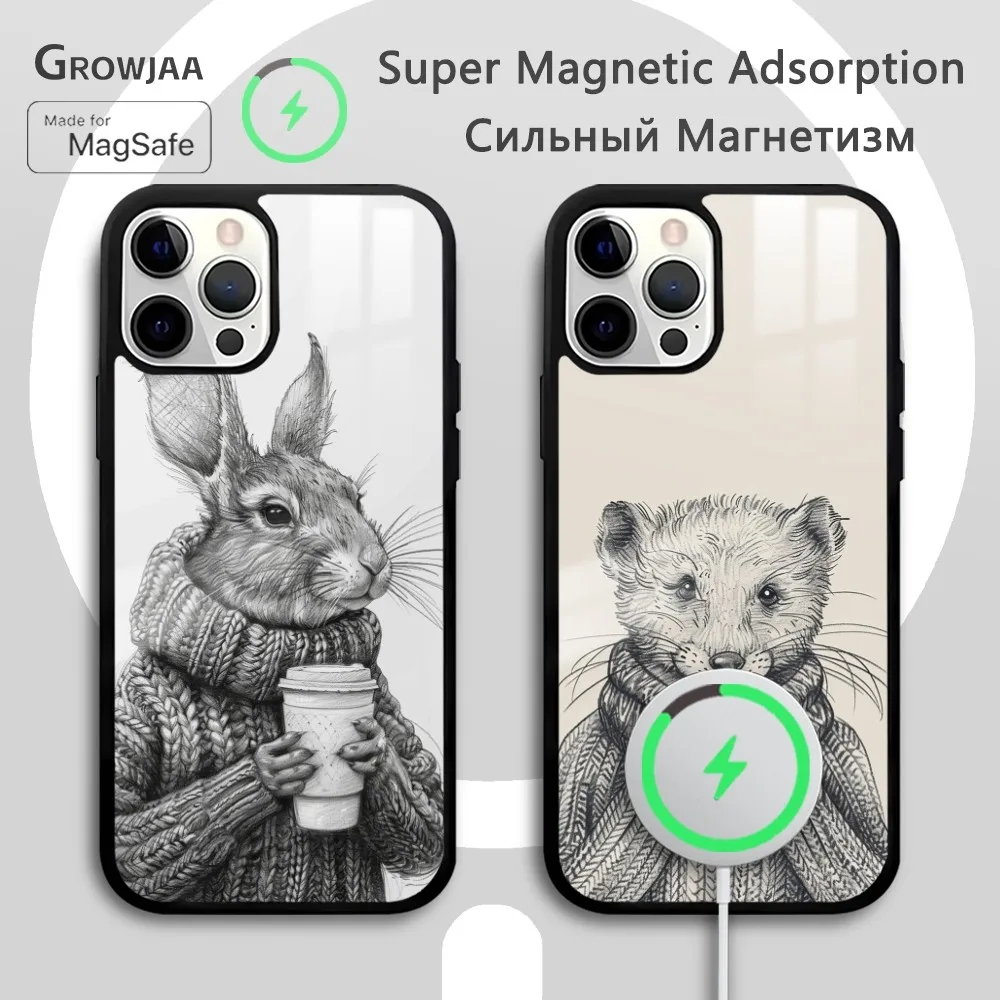 

Cute Cartoon Animal Sketch Phone Case For IPhone 16 15 14 13 12 11 Pro Max Plus Mini Magsafe Mirror Wireless Magnetic Funda