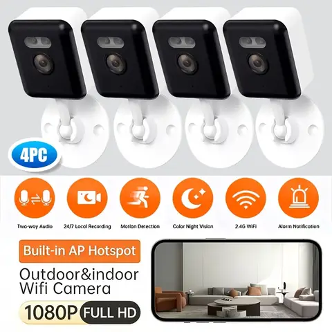 Cámara de Seguridad Inteligente para el Hogar con Wi-Fi, 4 Piezas, 1080p, 2MP, HD, Alertas en Tiempo Real por Aplicación, Audio Bidireccional, con Seguimiento de Movimiento para Bebés y Mascotas