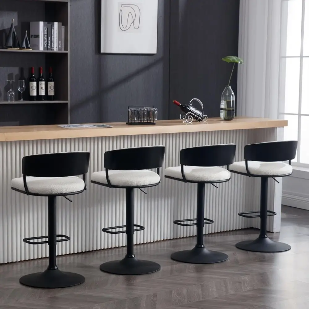 

Набор из 4 вращающихся барных стульев из белой ткани букле с открытой спиной и черным металлическим основанием