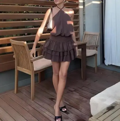 

Summer Solid Color Sleeveless Backless Ruffle Edge Short Skirt for Women, Sexy Waist Cinching Cake Skirt, Hanging Neck Dress