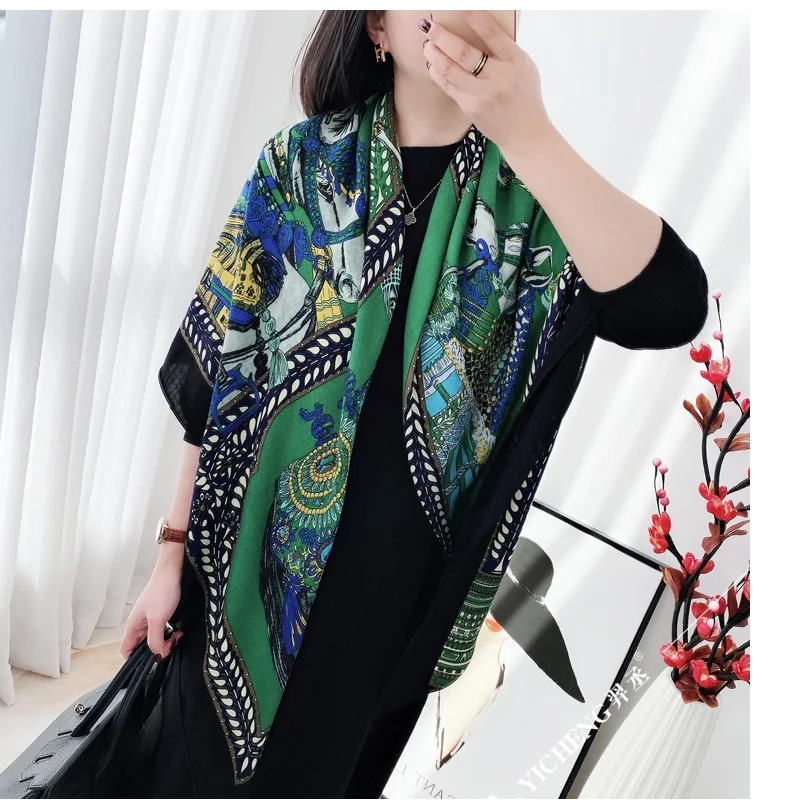 Green Prints Wool Scarf Shawl for Female Winter Warm Wraps Cape 130*130cm