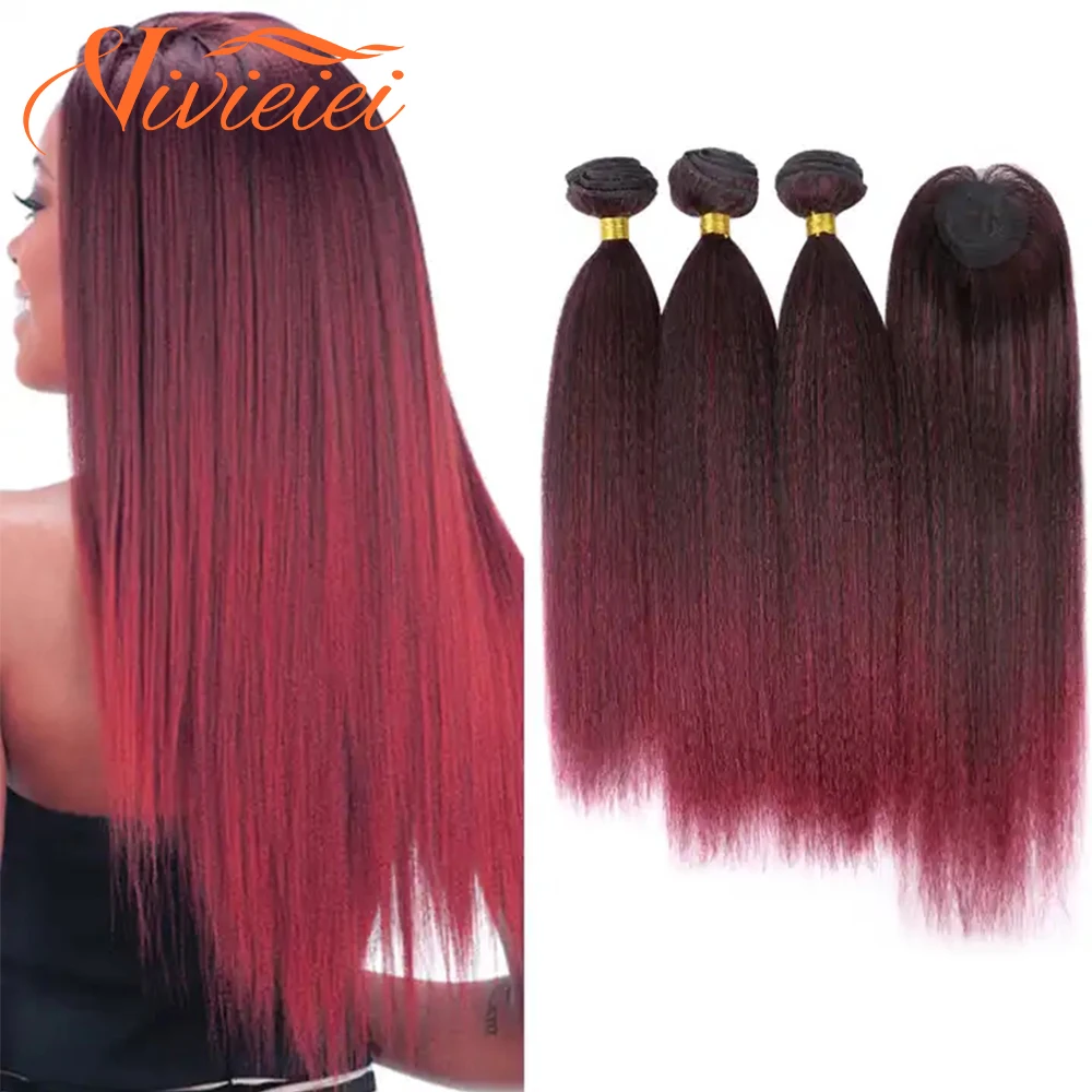 

Synthetic Straight Hair Weave Bundles With Closure Ombre Synthetic Hair Extension 4pcs/Lot 12"14"14" For Black Women