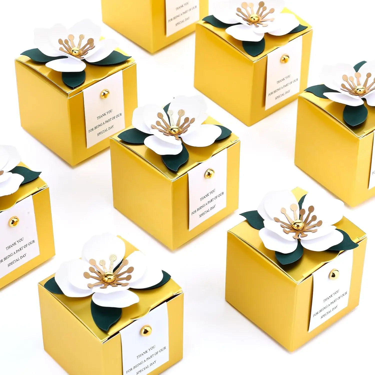 

50 шт. золотых и белых квадратных коробочек для свадебных подарков с благодарственной открыткой, подарочные коробки для конфет на свадебный душ, вечеринку, годовщину