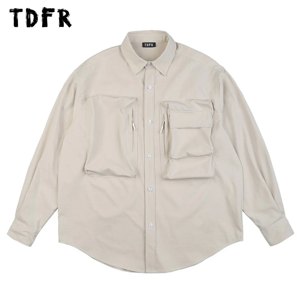 Pocket Cargo Shirts Mens Autumn Casual Solid Color Safari Style Curved Hem Loose Lapel Single Breasted Long Sleeve Shirts Men