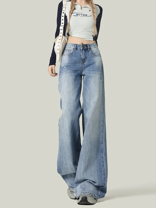

Retro Blue Slim Straight Jeans Women's Summer New American High Waist Loose Slim Wide Leg Floor-Length Pants