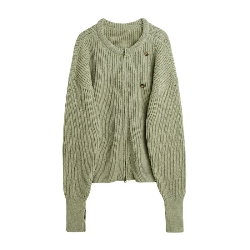 

NIGO Men's and Women's Autumn/Winter Crew Neck Zip-Up Sweater in Tea Green, Casual Loose Knit Cardigan/Jacket #NIGO9561Z