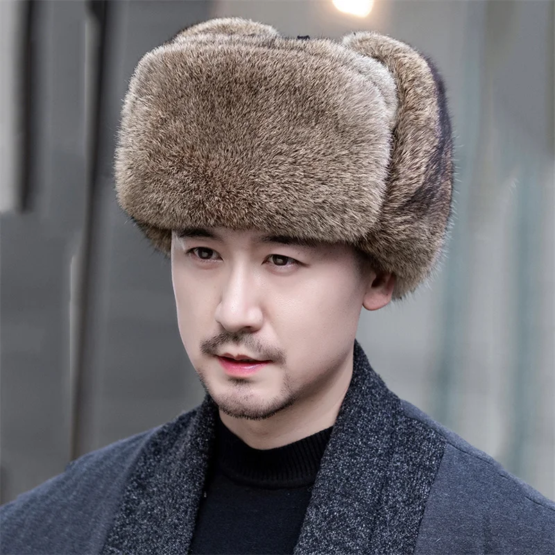 New Casual Men's Natural Rabbit Hair Cap For Lei Feng Hat Northeast Fur Hat Ln Winter Warm Outdoor Thickened Ear Cap Winter Hat