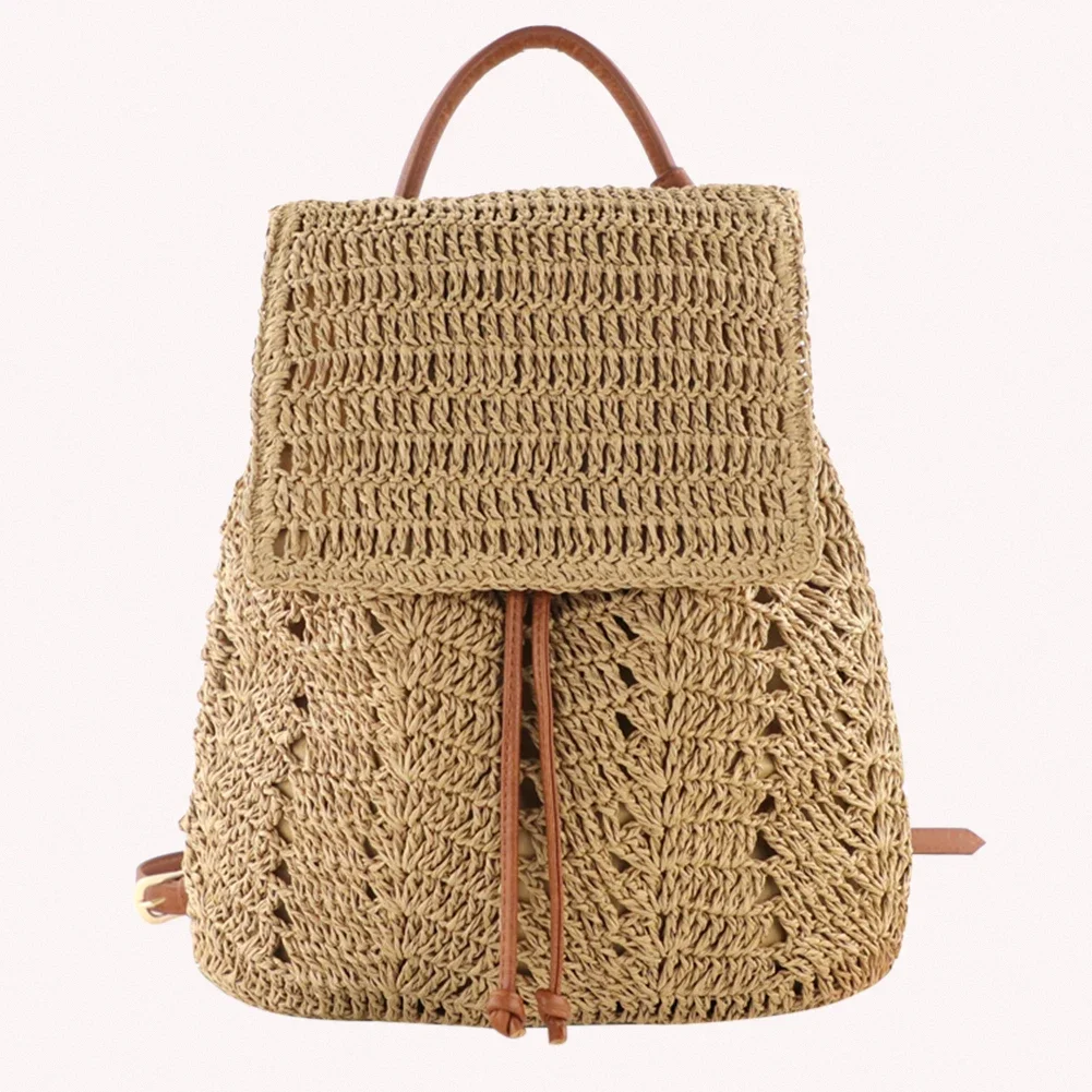 Women Straw Backpack Handmade Woven Casual Beach Holiday Shoulders Bucket Bag