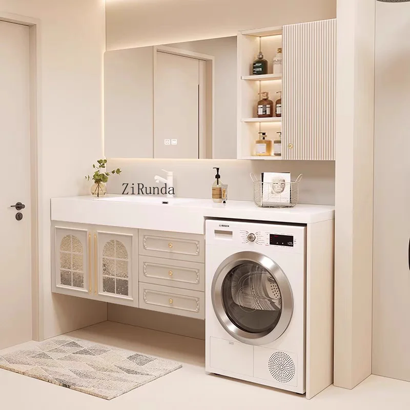 

Комбинированный шкаф для стиральной машины из дуба с раковиной, интегрированная керамическая раковина из каменной плиты без швов