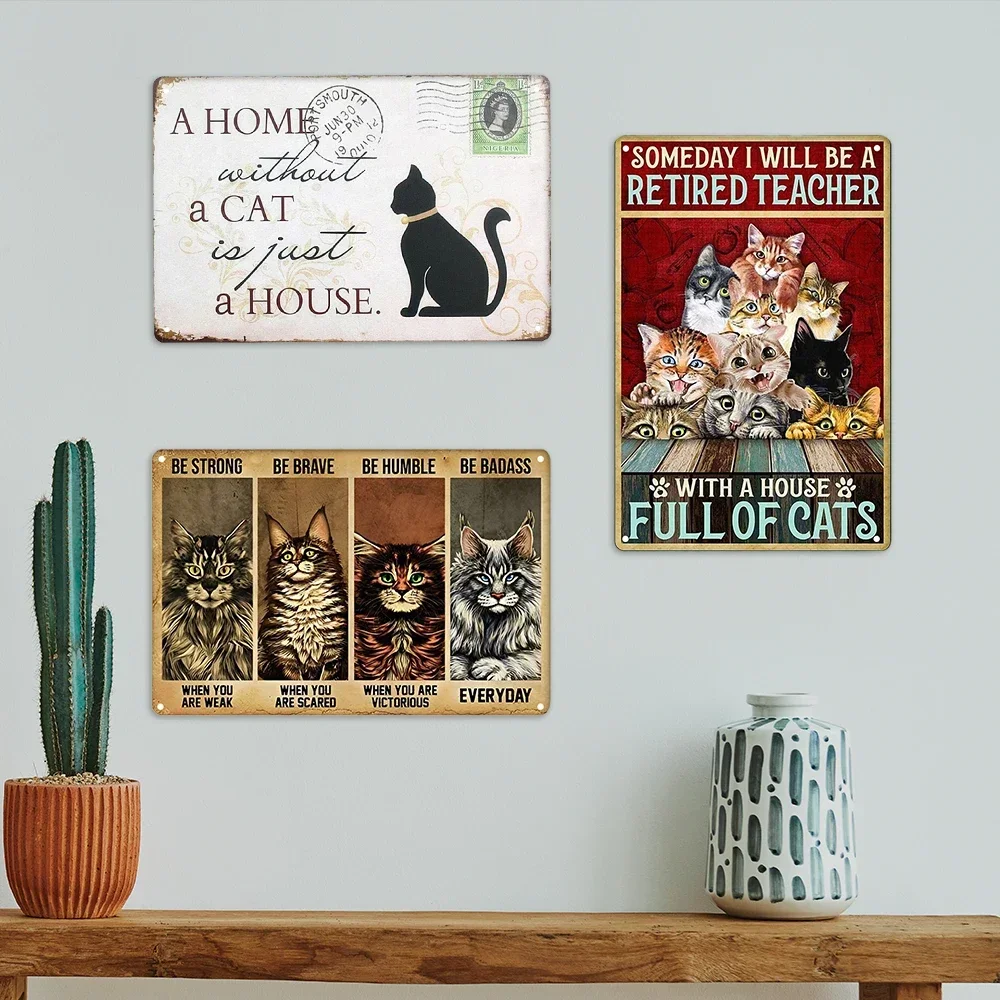 Vintage Metal Signs with Cute Cat Decor Tin Signs Funny with “hello darkness,my old friend” Quote, Metal Wall Art for Bedroom
