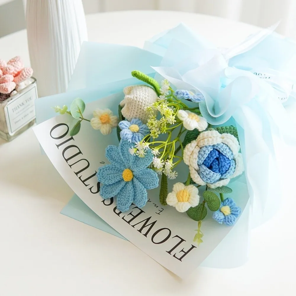 

New Handmade Knitted Yarn Bouquets Roses Home Decor Gift Bouquet Eucalyptus Knitted Artificial Flowers Anniversary