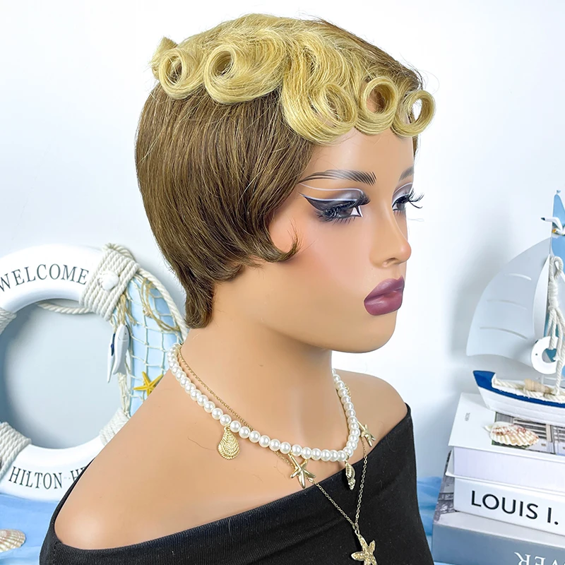 Fashion Pixie Cut Wigs Human Hair For Black Women Colored P4/27 Pixie Cut Wig Short Full Machine Made Wigs On Sale