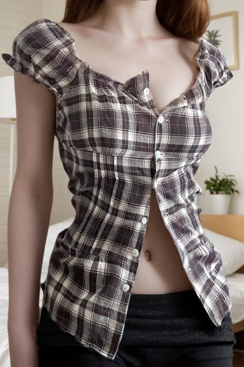 

French Retro Plaid Shirt Sweet Girlish Waist Short Sleeve Shirt American Top