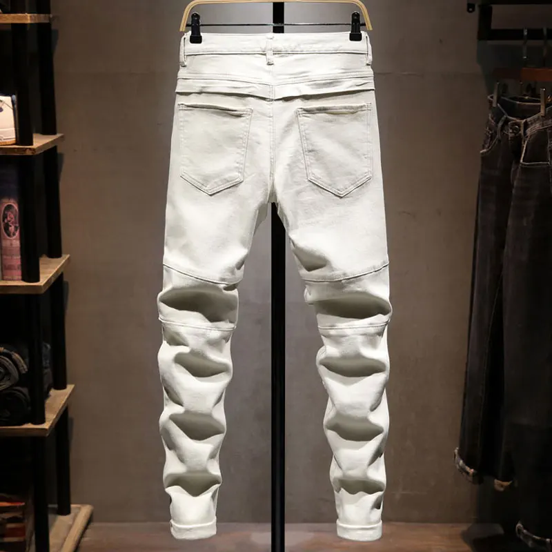 Street Designer Fashion Men Jeans Beige White Stretch Slim Fit Spliced Patched Denim Cargo Pants Hombre Y2K Hip Hop Biker Jeans