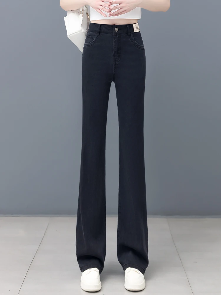 

Summer Thin Ice Silk Denim Pants Women's High Waist Bell Bottoms Slimming Drapey Micro Flared Pants Commute Style Long...