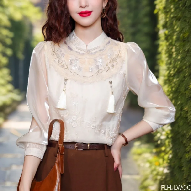 Hot Chinese Style Chi-pao Collar Design Beaded Embroidery Tops 2024 Women Office Lady Girls Elegant Retro Shirt Blouse Vintage