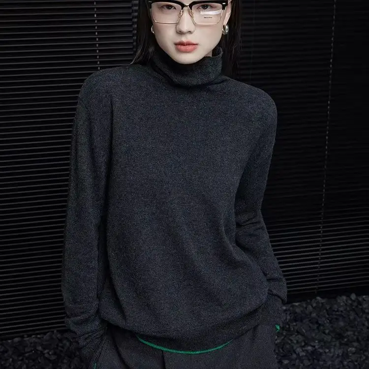 Grey high-necked cashmere sweater women's autumn and winter new high-grade sense of design