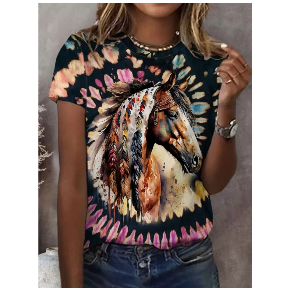 

Women's Vintage Horse Print Round Neck T-shirt