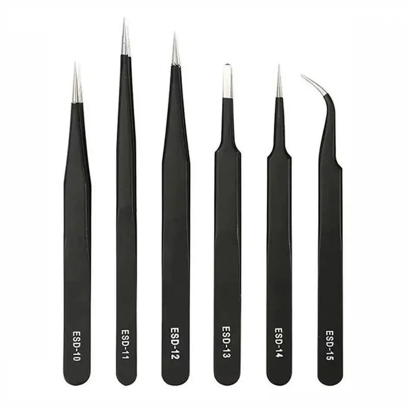 ESD-10 to 15 Precision Tweezer Set 6pcs Anti-Static Black Stainless Steel Straight/Flat/Round/Bent Tips for Electronics Repairs view 2