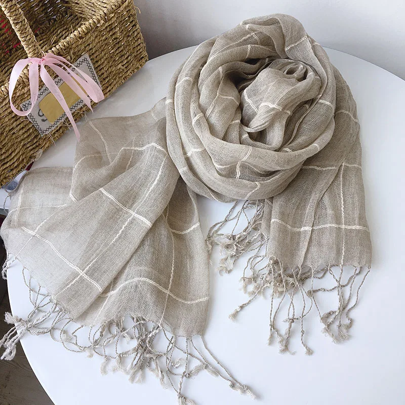 

High-quality rain-fed linen checkered pure linen scarf, Japanese-style retro versatile sun protection silk scarf