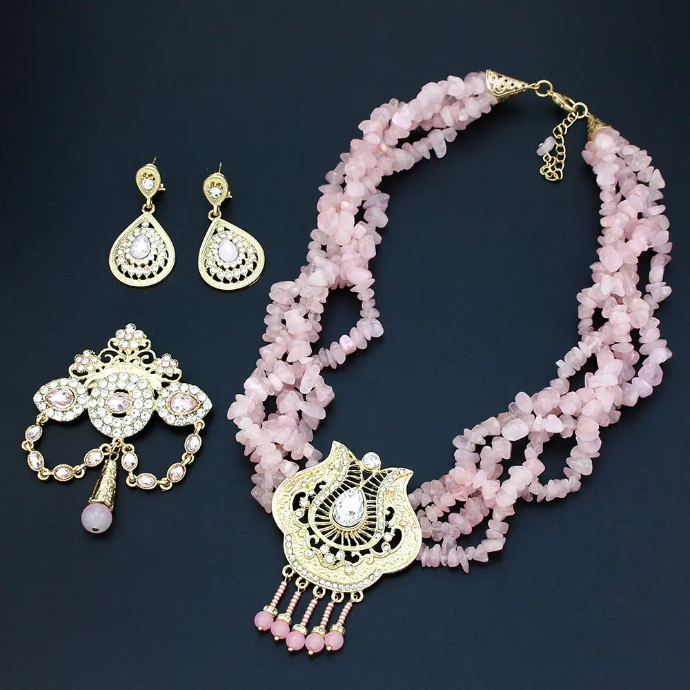 Sunspicems Pink Color Stone Choker Necklace Caftan Brooch Earring Morocco Bridal Wedding Jewelry Set Gold Plating Arab Bijoux