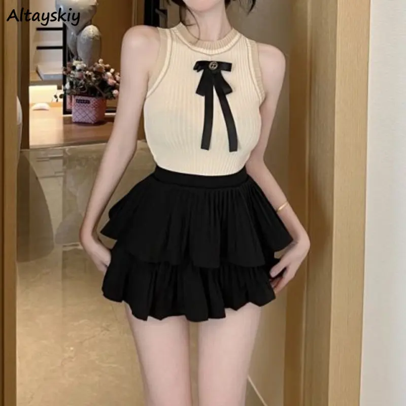 

Sets Women Sleeveless Knitted French Style Slim Hotsweet Tanks Ruffles Skirts Mini Fashion Simple All-match Elegant Female Chic