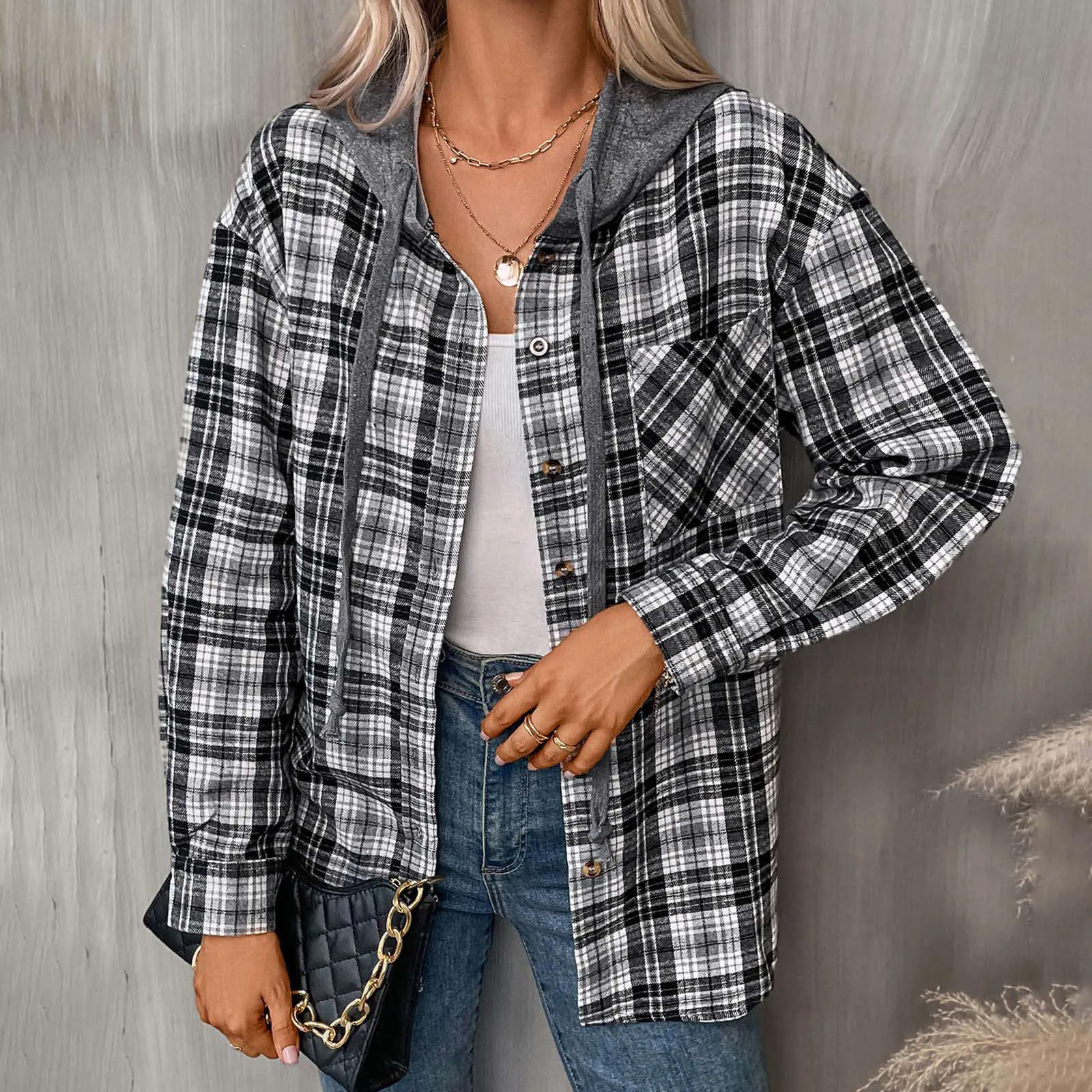 Women's Casual Hooded Plaid Print Shirt Jacket Log Sleeve T Shirts for Women