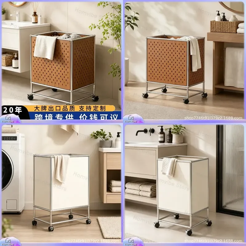 Stainless Steel Laundry Basket with Wheels Movable Storage Trolley for Dirty Clothes Sundries Organization in Living Room