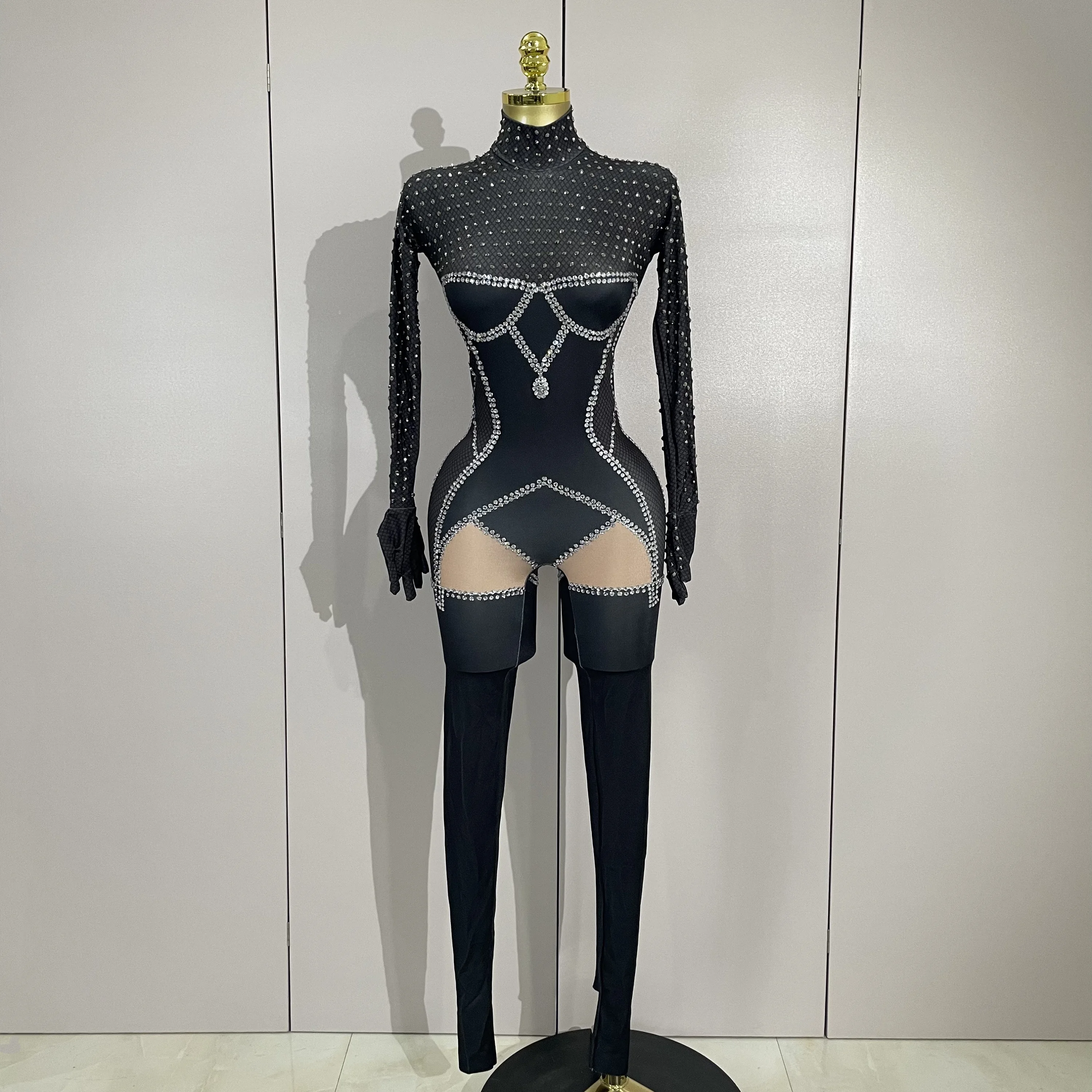 

Women Sparkly Diamond Sexy Long Sleeves Jumpsuit Nightclub Bar Party Show Gogo Dancer Clothing Drag Queen Outfit Stage Costume