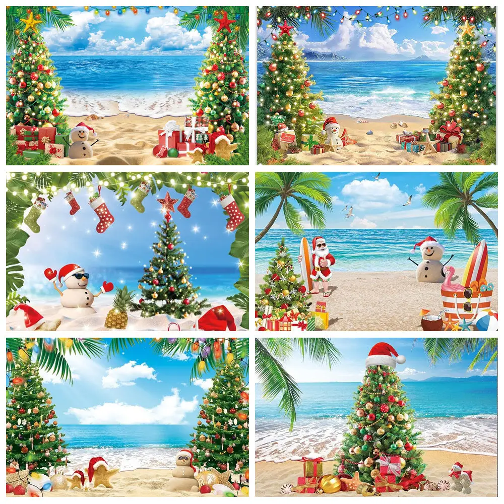 

Christmas Backdrop for Photography Summer Beach Christmas Tree Decor Background Tropical Hawaiian Xmas Party Supplies Photo Prop