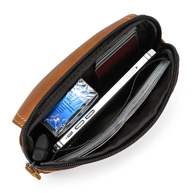 Retro Genuine Leather Men's Mobile Phone Bag Crazy-horse Leather Waist Bag Top Layer Cowhide Clutch Cross-body Shoulder Bag