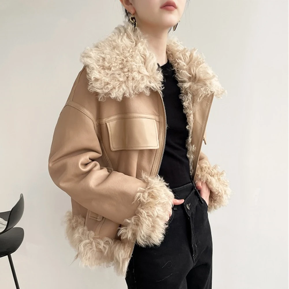 2023 Khaki Tigrado Shearling Fur Coat Women Winter Fashion Cool Casual Daily Winter Warm Real Fur Jackets