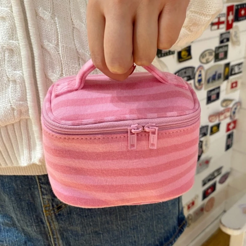 Modische Rosa Gestreifte Kosmetiktasche mit Spiegel, Damen Polka Dot Make-up-Tasche, Tragbare Reise-Lippenstift-Toilettentasche – Detail 23